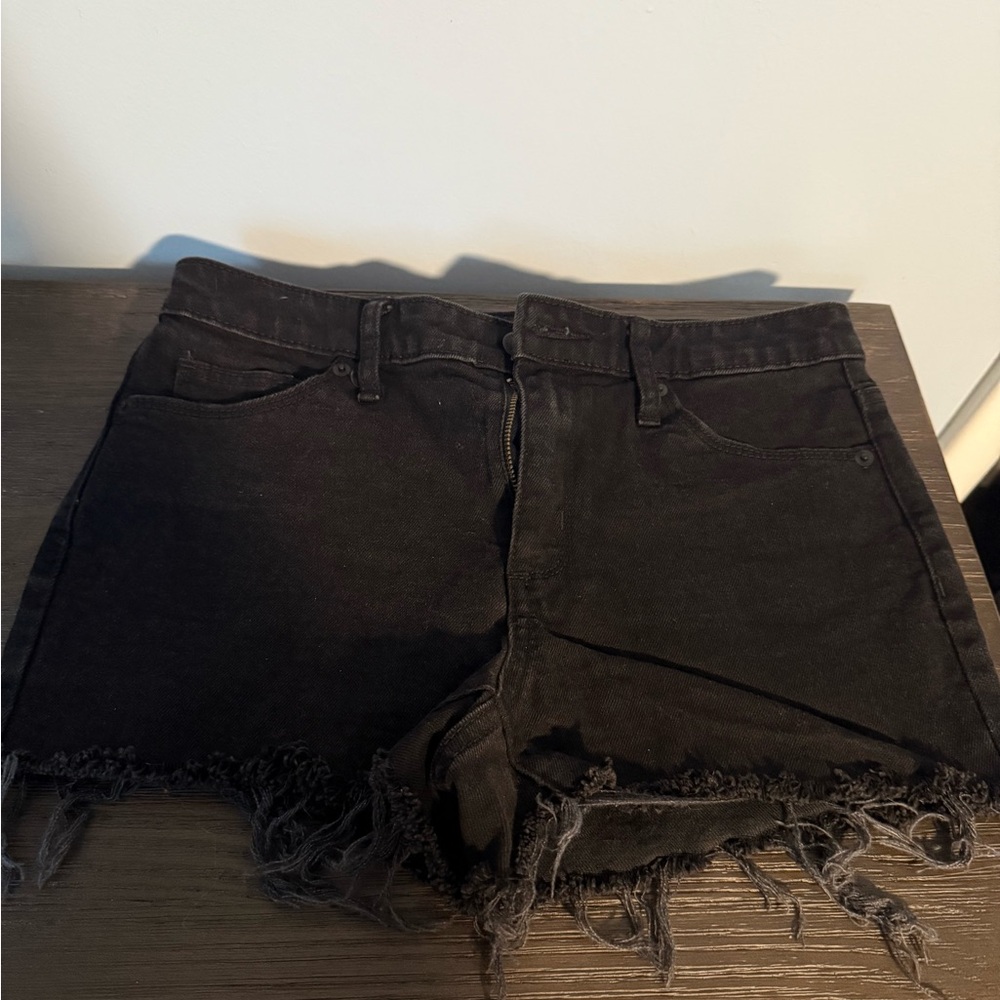 Black Denim Frayed Hem Women's Shorts
